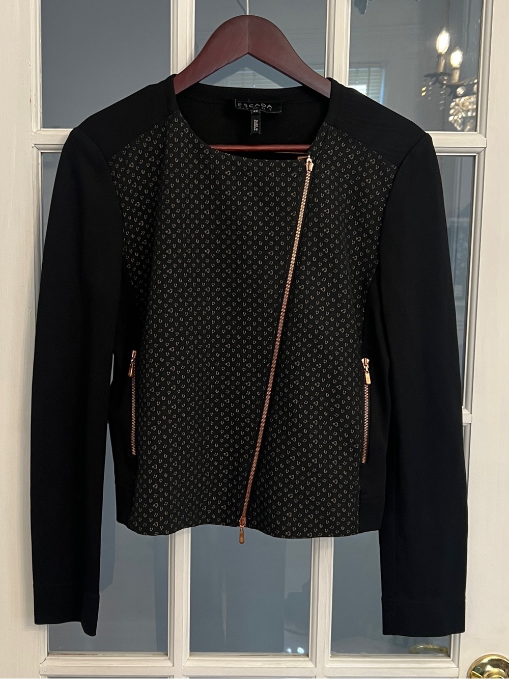 ESCADA SPORT Women's Black Textured Asymmetrical Rose Gold Zip Moto Jacket